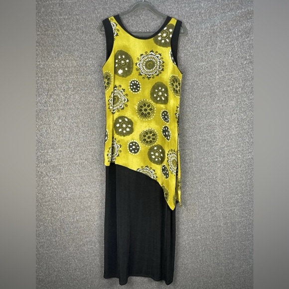 Artsy Boho Abstract Print Dress Black Layered Asymmetrical Midi Vintage XL - Picture 7 of 13